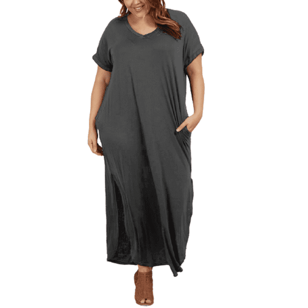 US Womens Summer Short Sleeve Plus Size Long Maxi Dress Casual Plain Shirt Dress